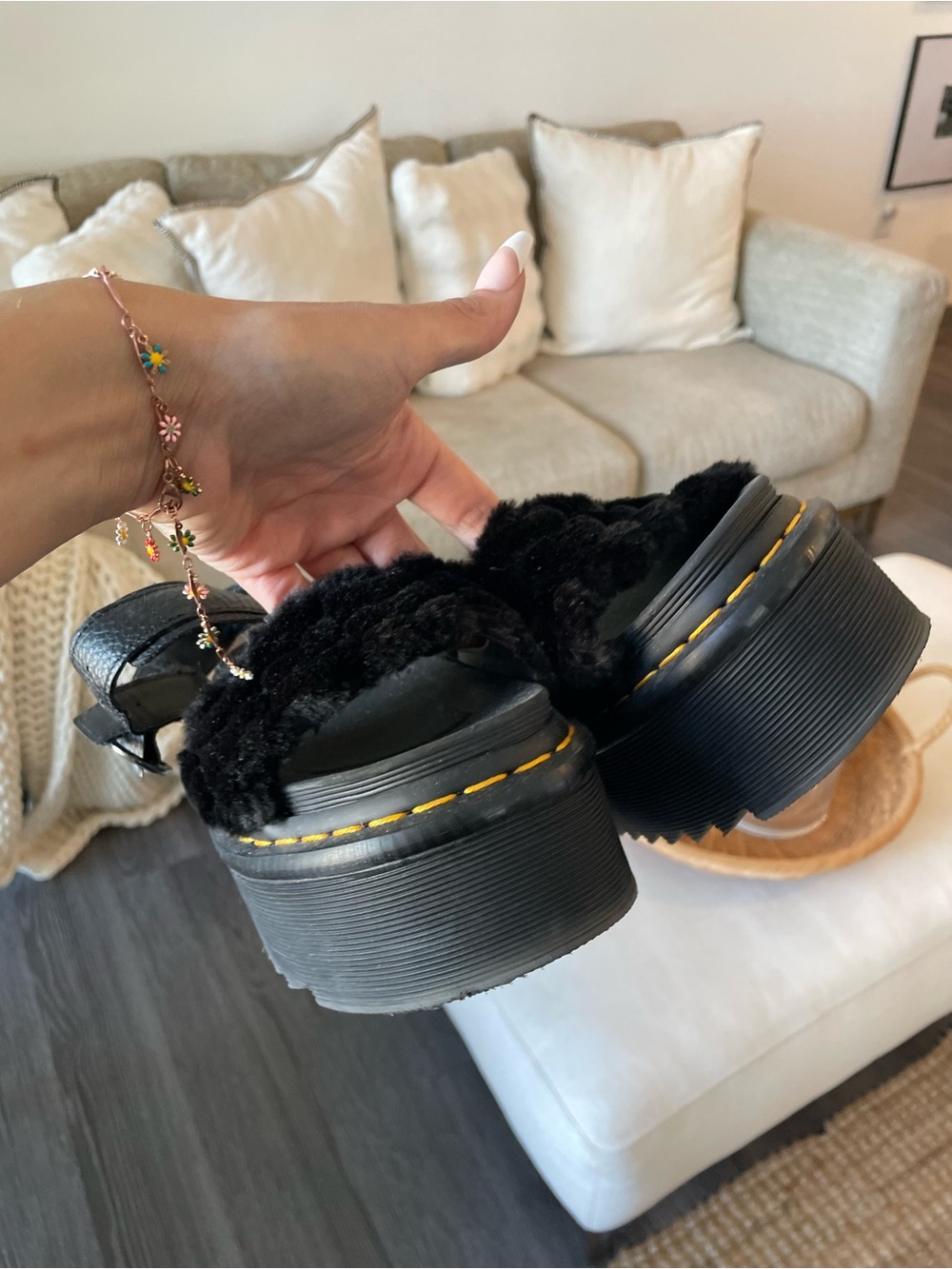 Dr. Martens Black Furry Platform Sandals with Yellow Stitching - Picture 5 of 10